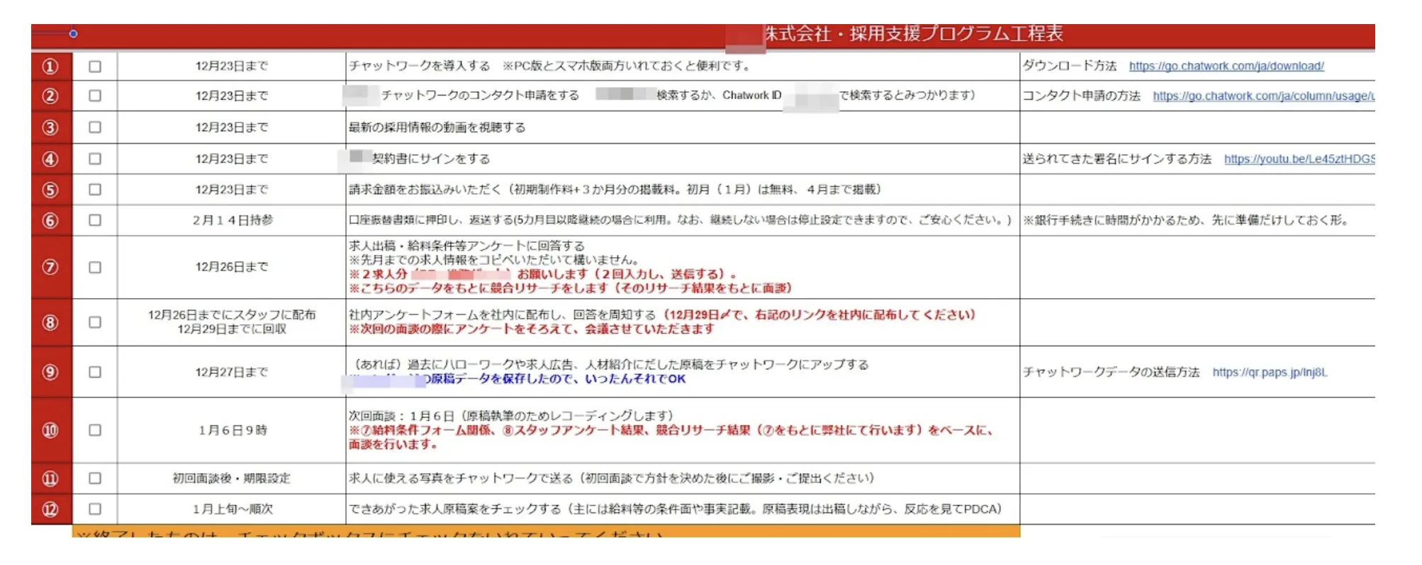 採用活動の工程表